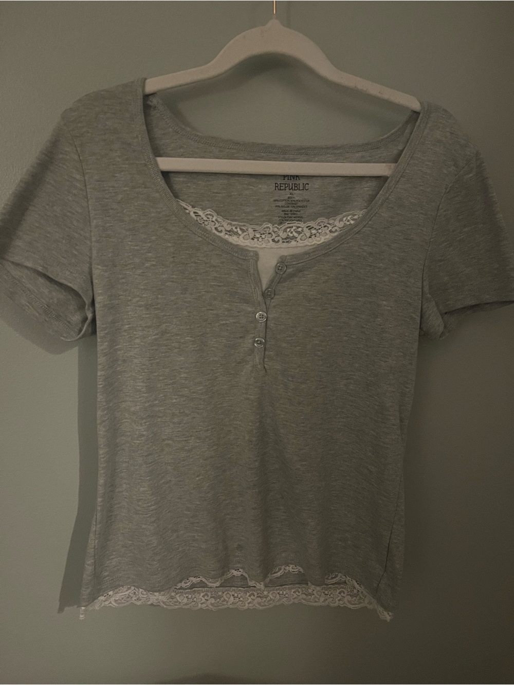 Pink Republic Gray Short-Sleeve Henley with Lace Trim